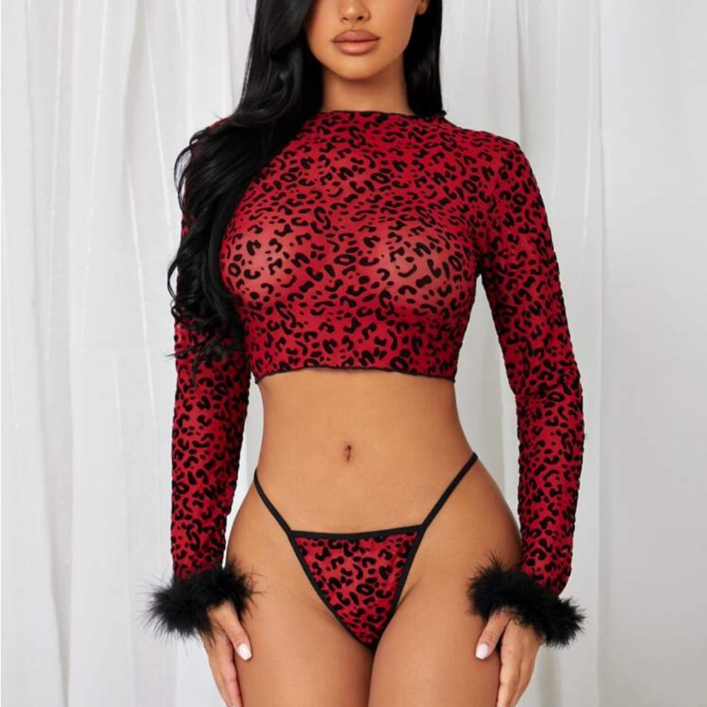 Sexy Long-sleeve Velvety Leopard Print 2-Piece Set